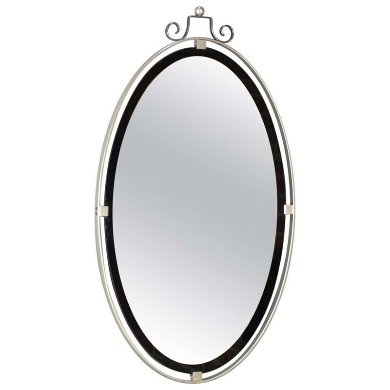 Miroir vintage ovale contour chrome et noir 1950