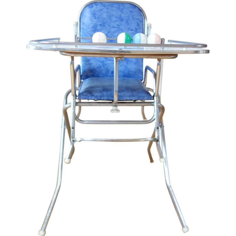 Vintage child high chair chrome and blue 1960