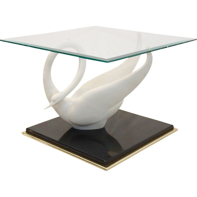 Mesa de centro vintage "Swan" en laca negra y cristal tallado de Jansen, 1960