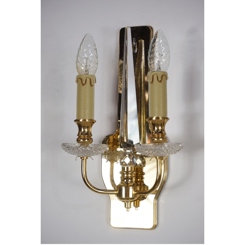 Pair of vintage sconces in brass and crystal Val Saint Lambert