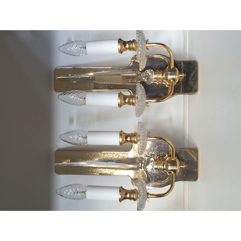 Pair of vintage sconces in brass and crystal Val Saint Lambert