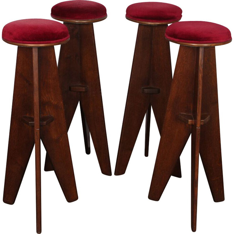 Set of 4 vintage high wooden stools 1950