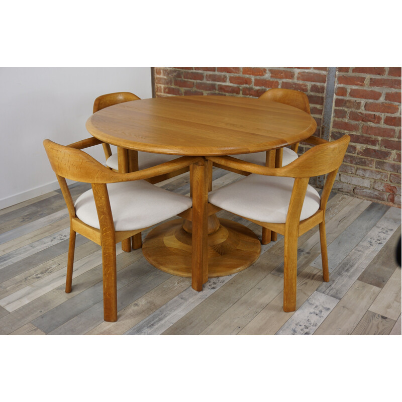 Vintage dining set with round table and 4 matching oak armchairs 1980s