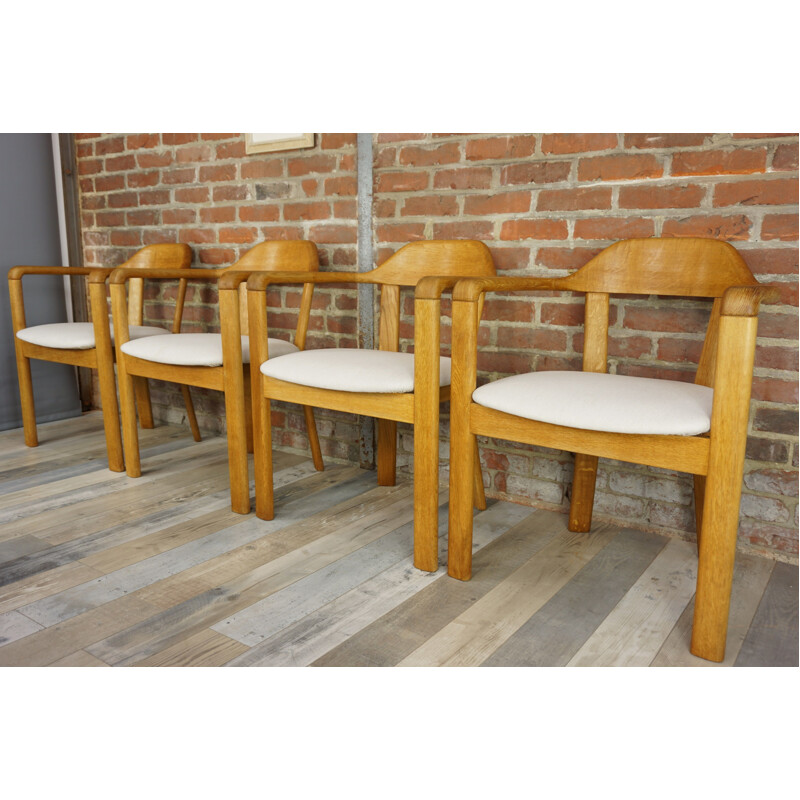 Vintage dining set with round table and 4 matching oak armchairs 1980s
