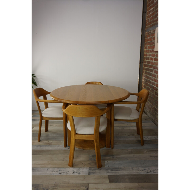 Vintage dining set with round table and 4 matching oak armchairs 1980s