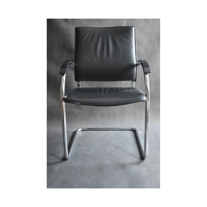 Vintage-Freischwingerstuhl aus schwarzem Leder Thonet S 74