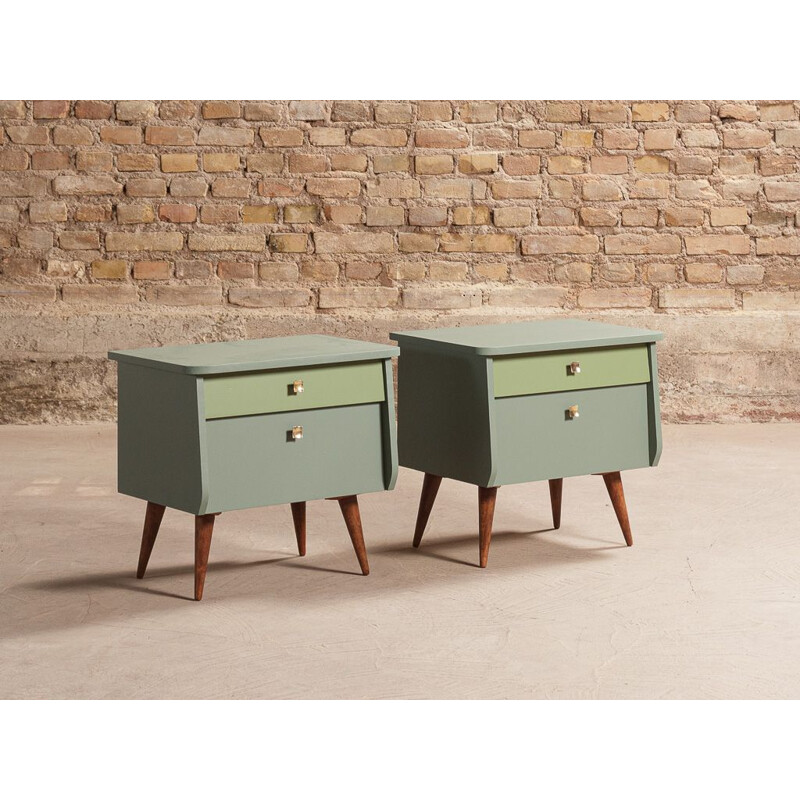 Pair of vintage bedside table with flap and drawer in green tones