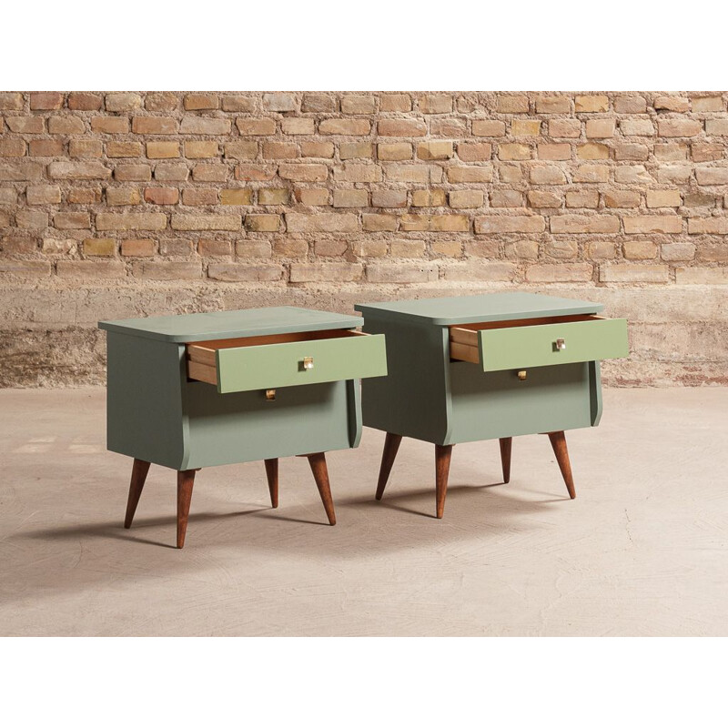 Pair of vintage bedside table with flap and drawer in green tones