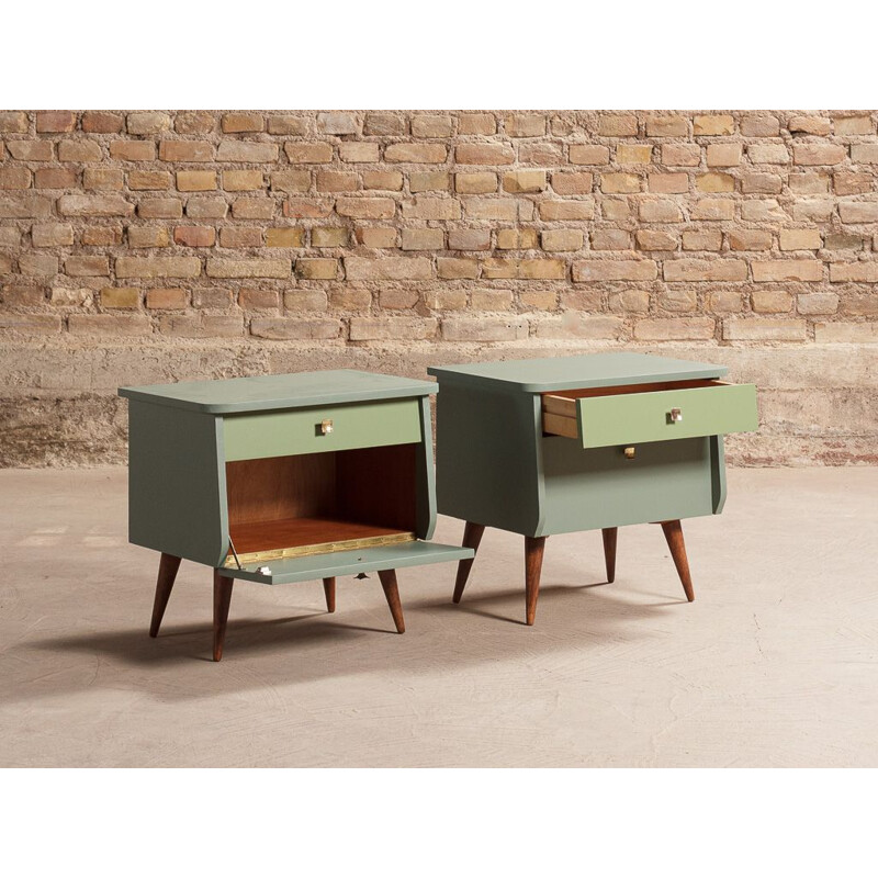 Pair of vintage bedside table with flap and drawer in green tones