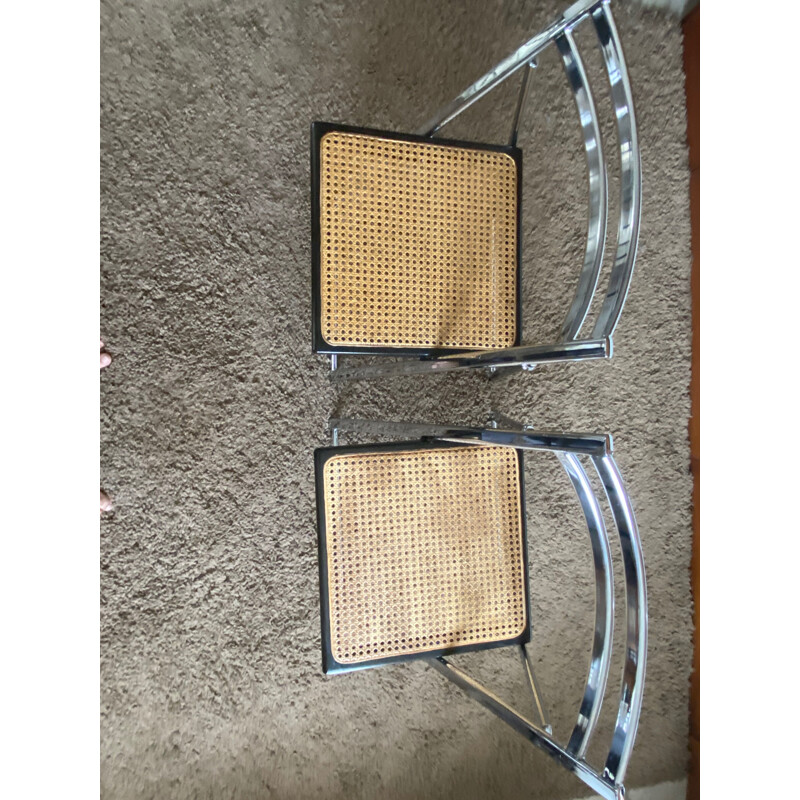 Pair of vintage folding chairs in steel caning 1970s