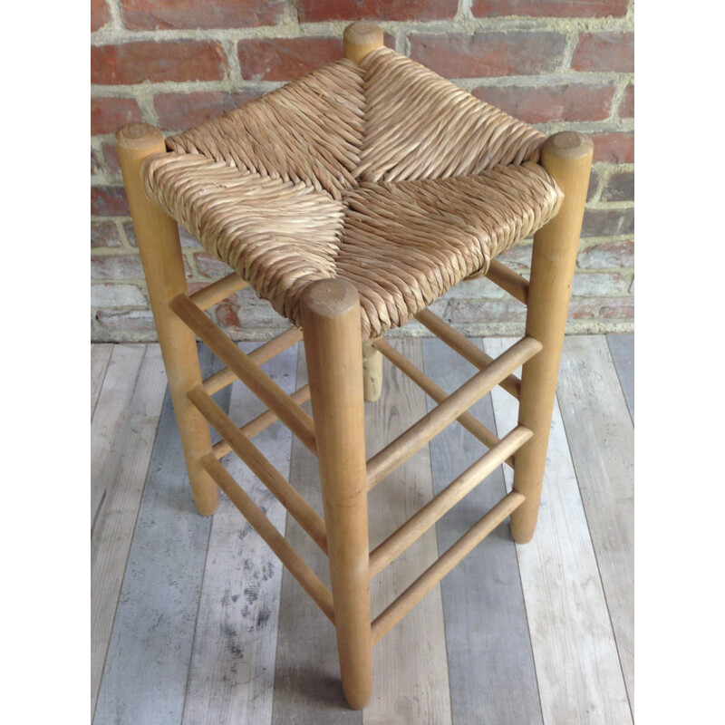 Tabouret vintage en bois et paille