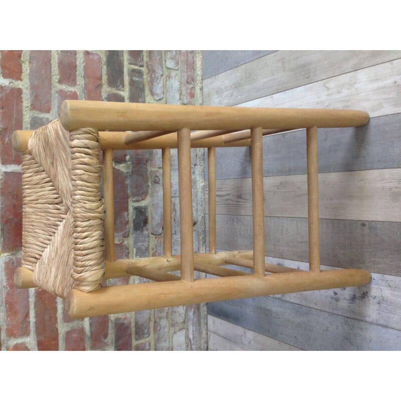 Tabouret vintage en bois et paille