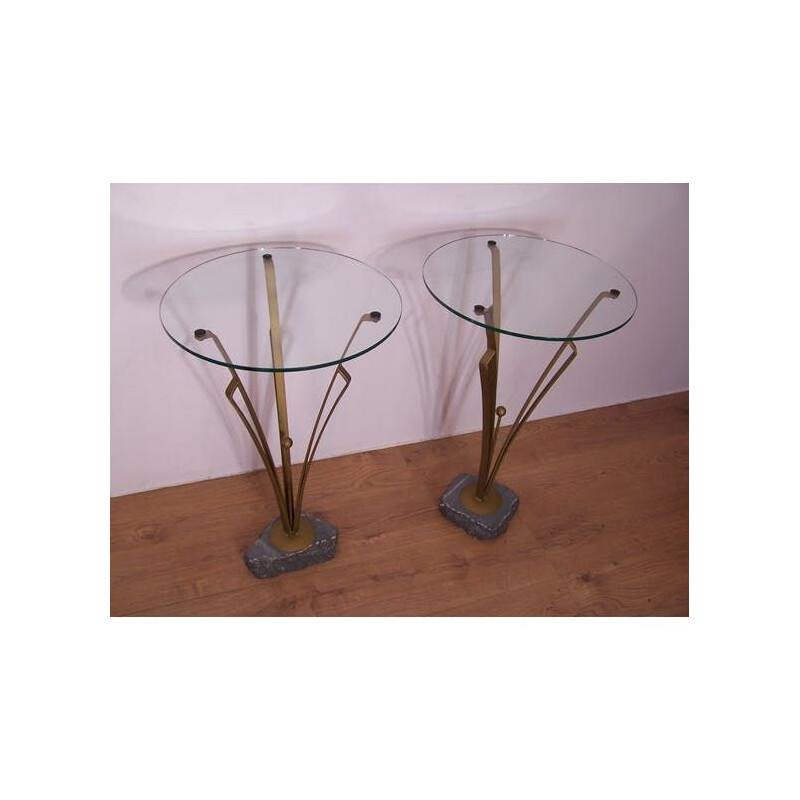 Pair of vintage stone metal and glass art deco side tables