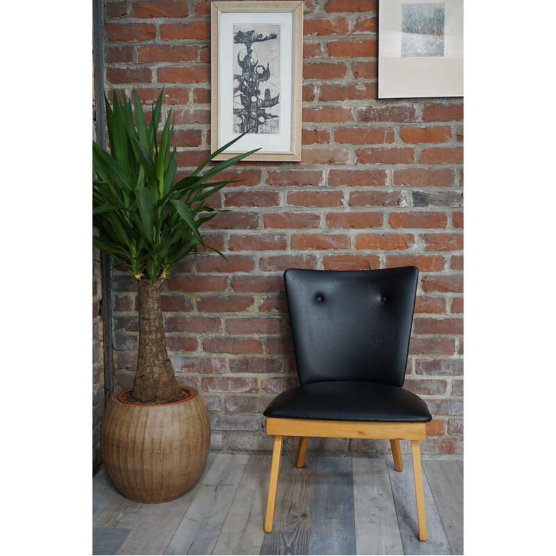 Vintage cocktail armchair in wood and black imitation 1950s