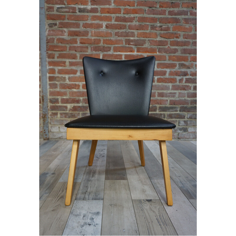 Vintage cocktail armchair in wood and black imitation 1950s