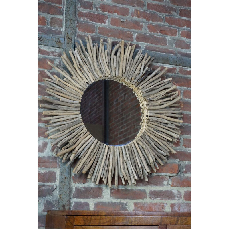 Miroir vintage soleil en bois flotté