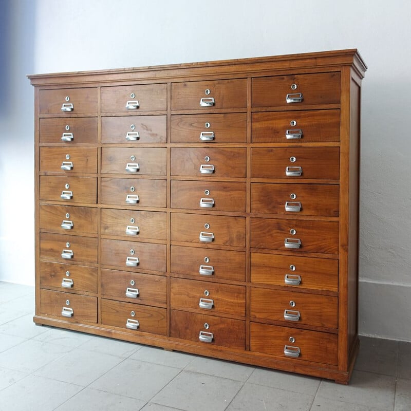 Vintage Industrial Oak 32 Drawer Filing Cabinet, Portuguese 1940s