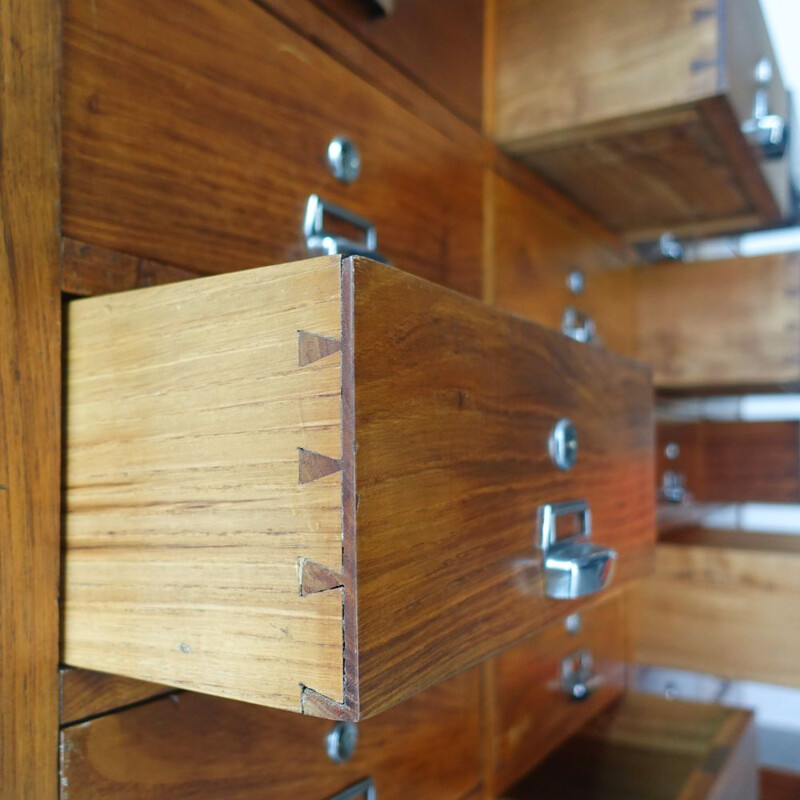 Vintage Industrial Oak 32 Drawer Filing Cabinet, Portuguese 1940s