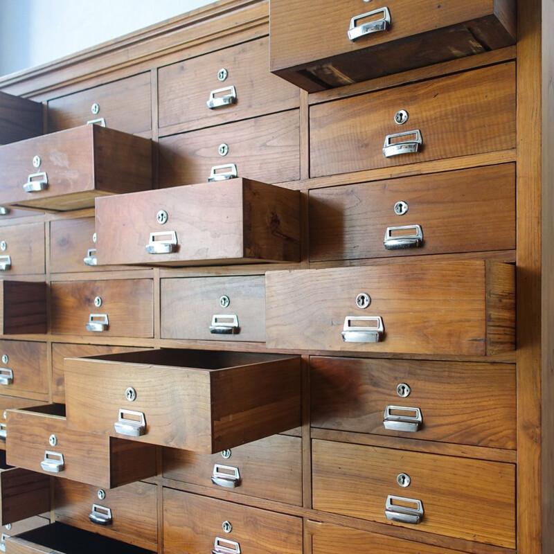 Vintage Industrial Oak 32 Drawer Filing Cabinet, Portuguese 1940s