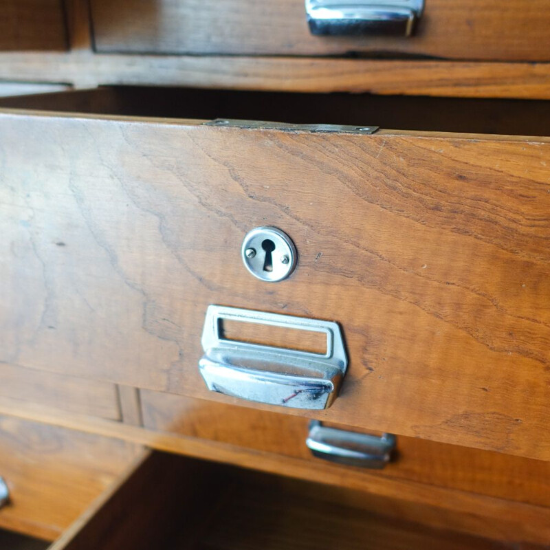 Vintage Industrial Oak 32 Drawer Filing Cabinet, Portuguese 1940s