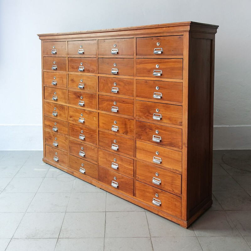 Vintage Industrial Oak 32 Drawer Filing Cabinet, Portuguese 1940s