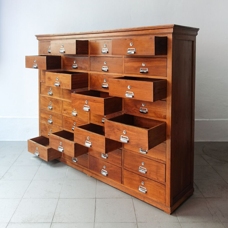 Vintage Industrial Oak 32 Drawer Filing Cabinet, Portuguese 1940s