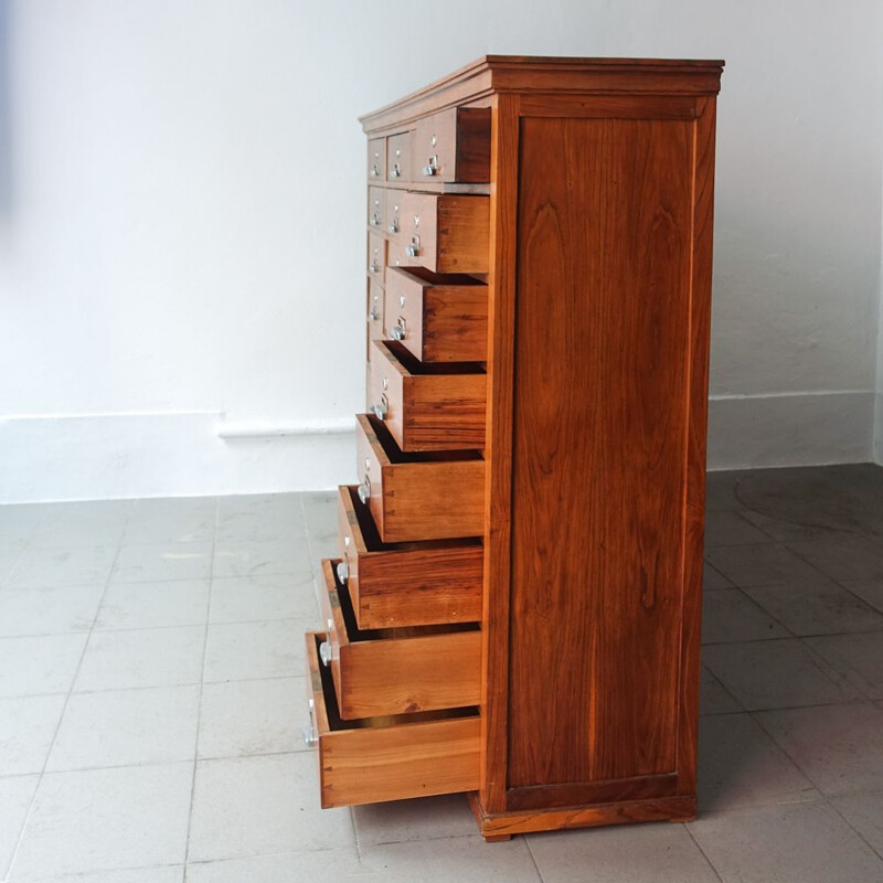 Vintage Industrial Oak 32 Drawer Filing Cabinet, Portuguese 1940s