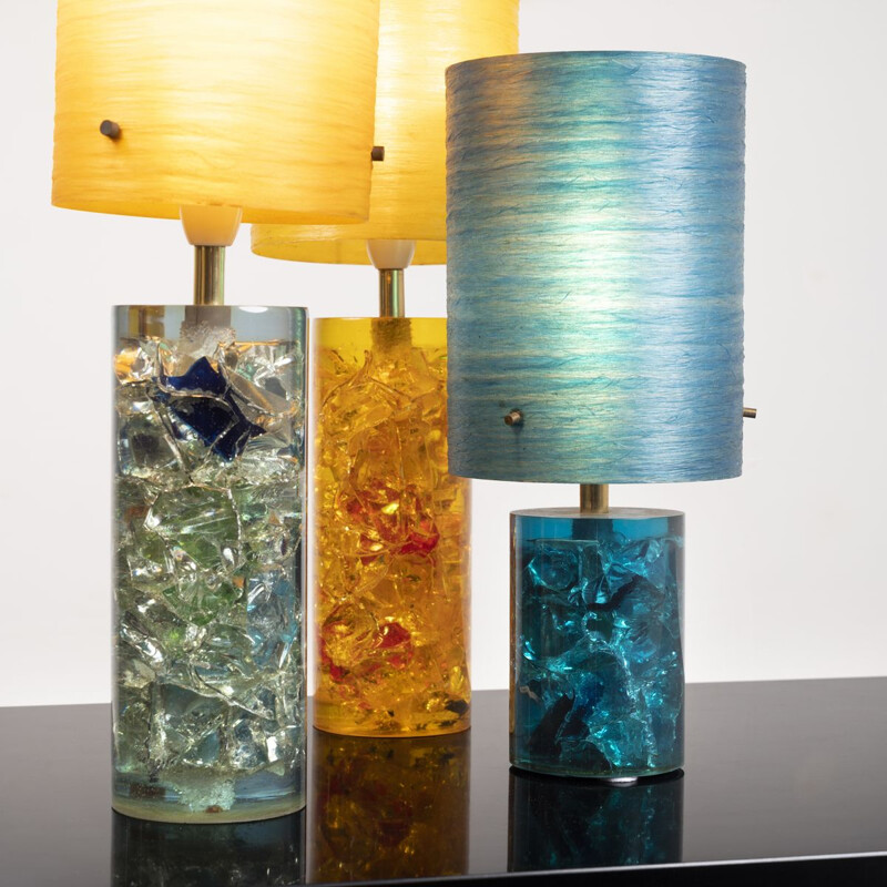 Set of 3 vintage lamps in fractal resin and fiberglass, 1960