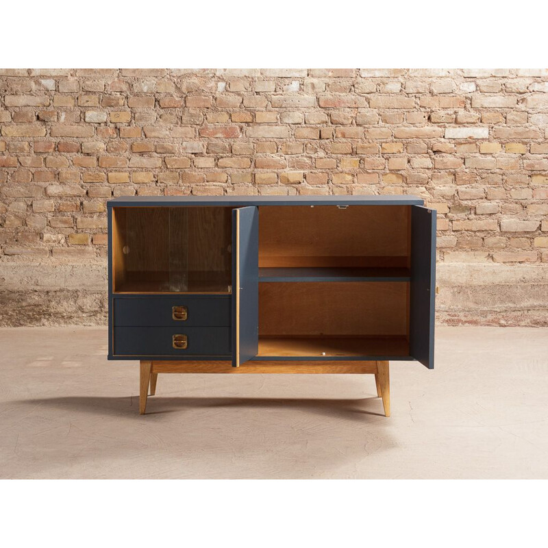 Vintage low sideboard with double door display case and 2 drawers in blue