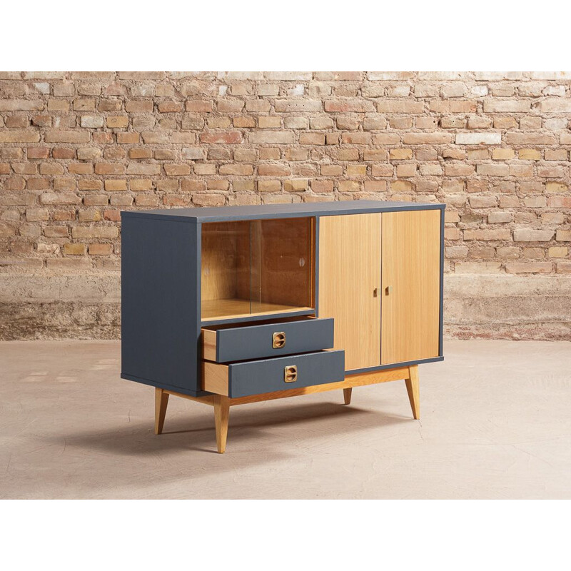 Vintage low sideboard with double door display case and 2 drawers in blue