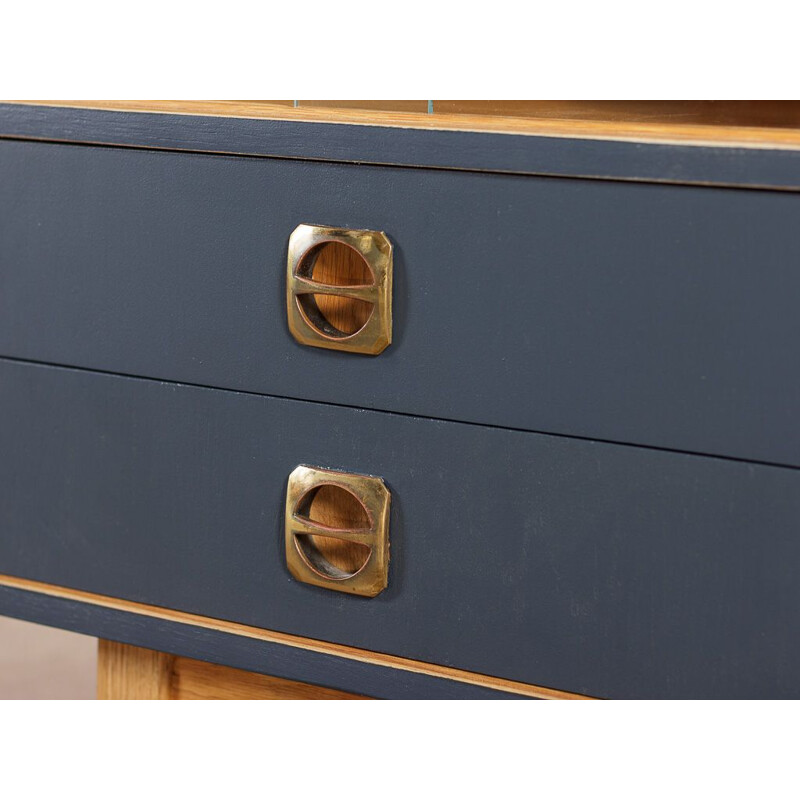 Vintage low sideboard with double door display case and 2 drawers in blue