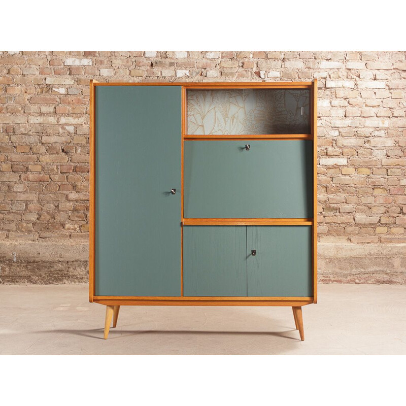 Vintage cabinet secretary in steel blue with Casamance wallpaper