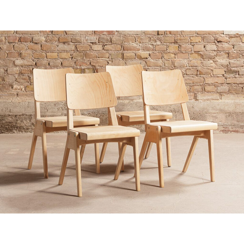 Set of 4 vintage solid beech chairs with compass feet 1950s