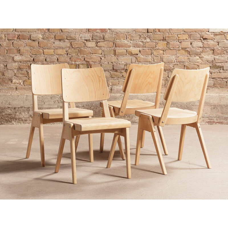 Set of 4 vintage solid beech chairs with compass feet 1950s