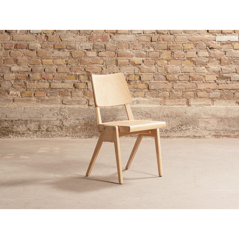 Set of 4 vintage solid beech chairs with compass feet 1950s