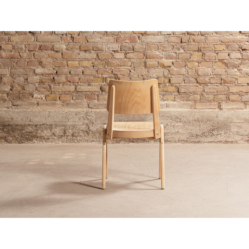 Set of 4 vintage solid beech chairs with compass feet 1950s