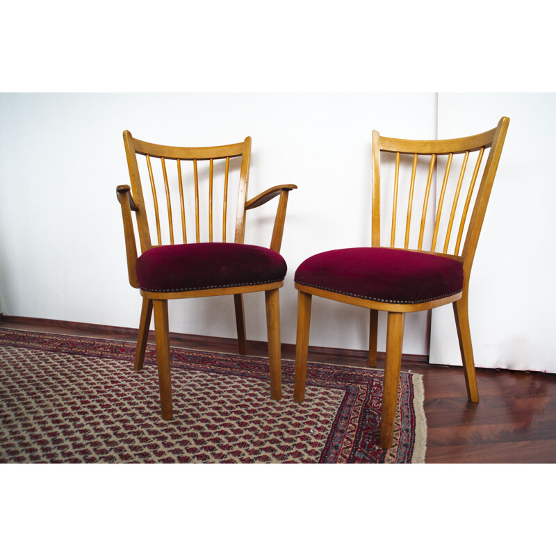 Paire de Chaises vintage en hêtre avec revêtement rouge 1950