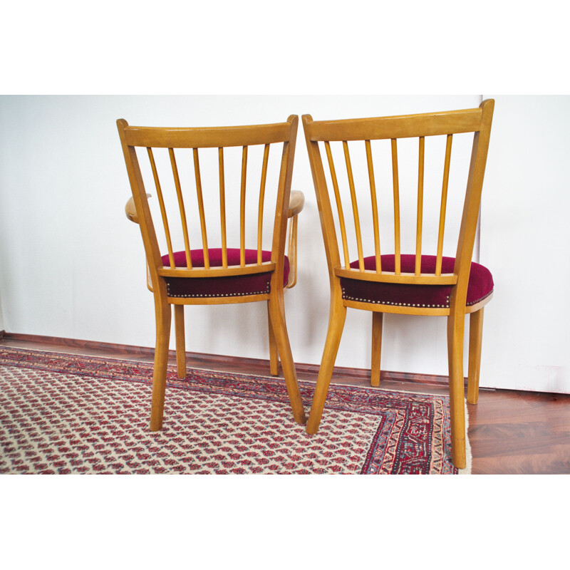 Paire de Chaises vintage en hêtre avec revêtement rouge 1950