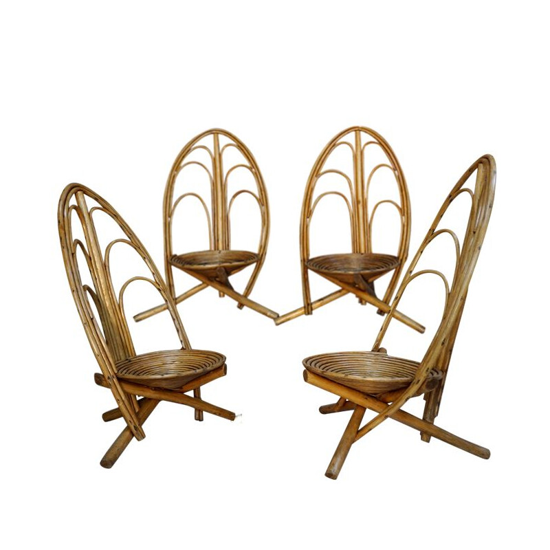 Ensemble de 4 fauteuils vintage en rotin et bois	