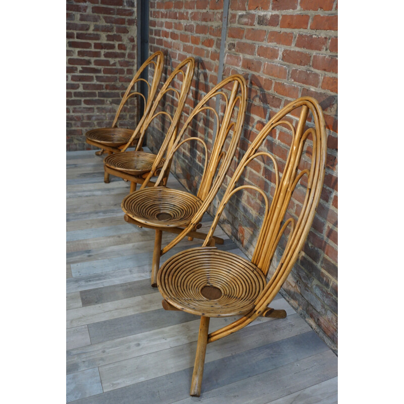 Set of 4 vintage rattan and wood armchairs