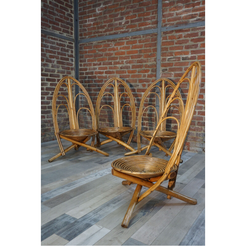Ensemble de 4 fauteuils vintage en rotin et bois	