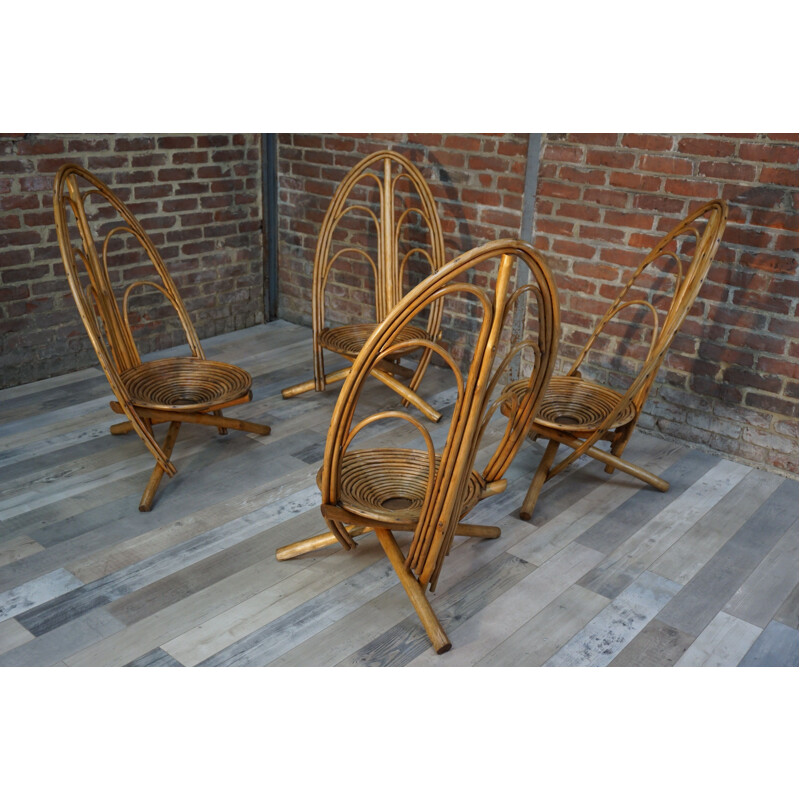 Set of 4 vintage rattan and wood armchairs