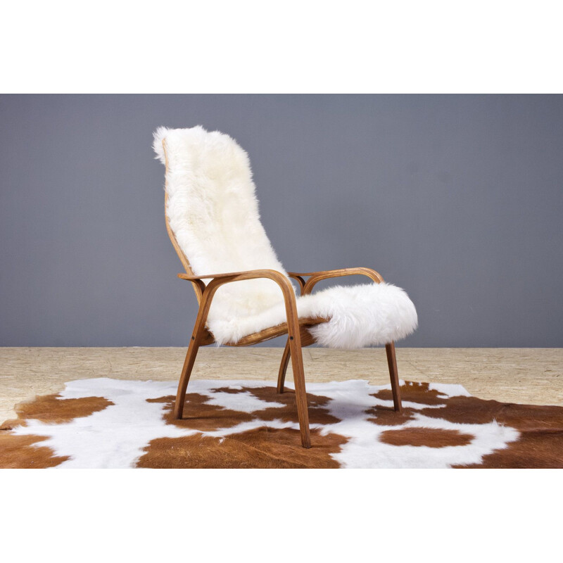 Vintage Yngve Ekstrom Lamino High back lounge chair in oak and sheepskin, Swedese 1951s