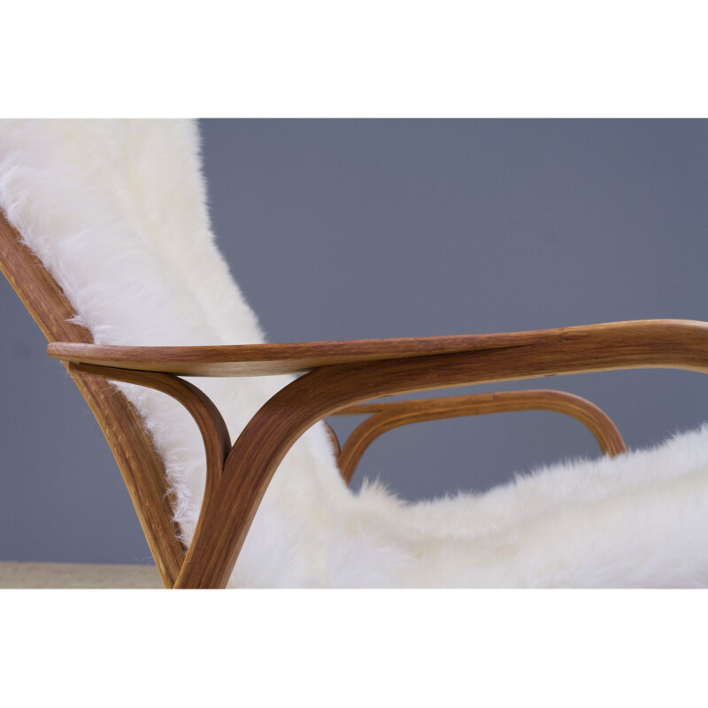 Vintage Yngve Ekstrom Lamino High back lounge chair in oak and sheepskin, Swedese 1951s