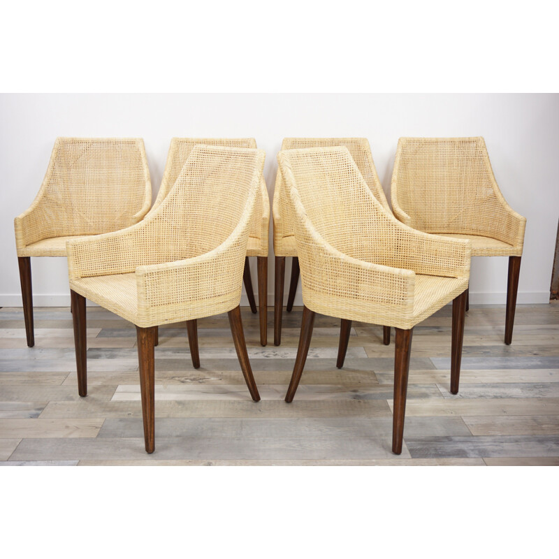 Conjunto de 6 cadeiras de rattan e madeira vintage, França