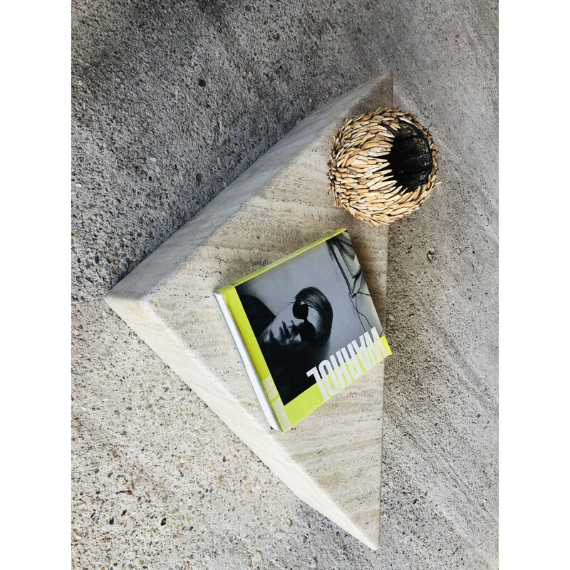 Vintage triangular side table in travertine, Italy 1970s