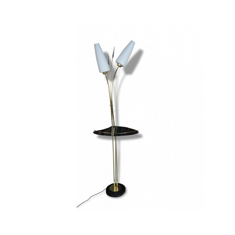 Vintage brass and opaline floor lamp by René Mathieu for Lunel 1950s