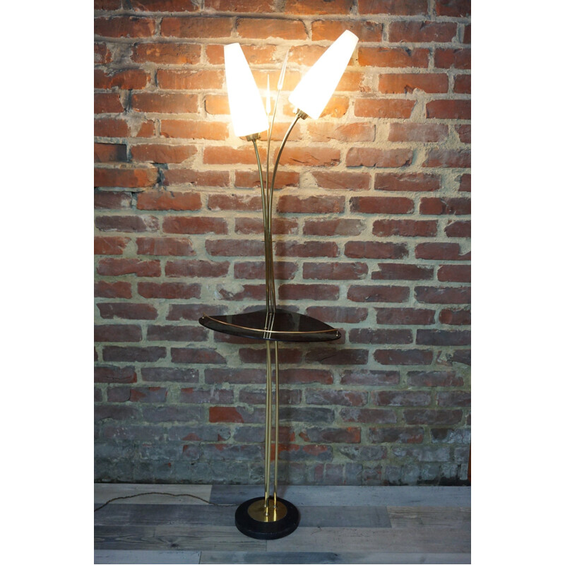 Vintage brass and opaline floor lamp by René Mathieu for Lunel 1950s