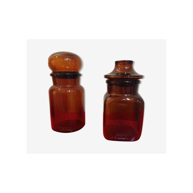 Pair of vintage amber glass jars