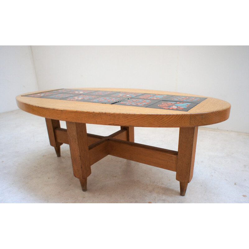 Vintage oak coffee table by Guillerme and Chambron